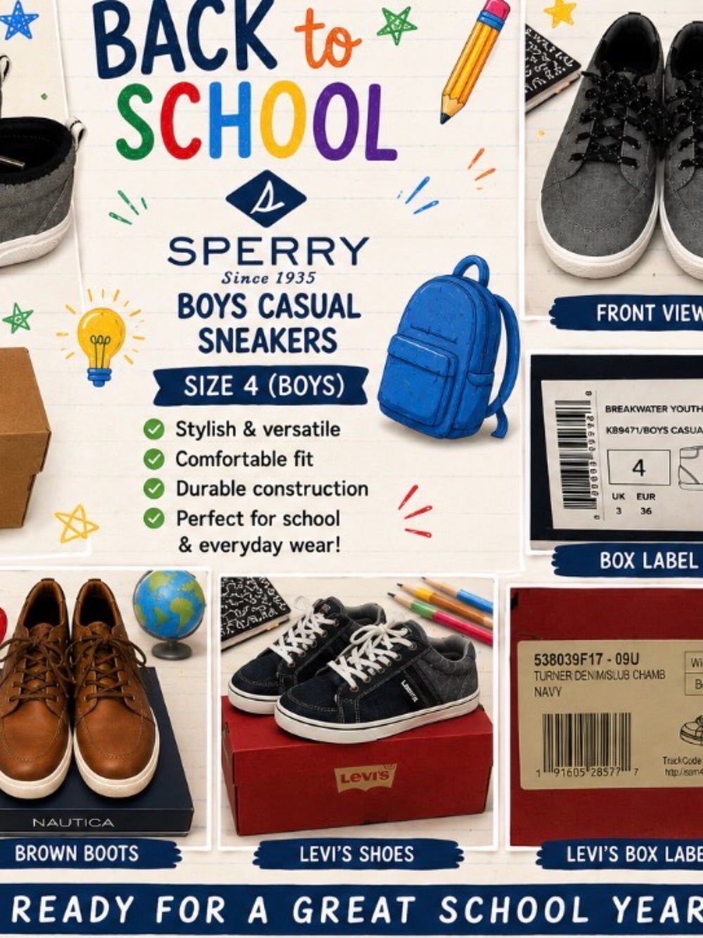 Lot Boys back to School Shoes Sperry’s Levi’s Nautica Sz 4 Sneakers Books EUC